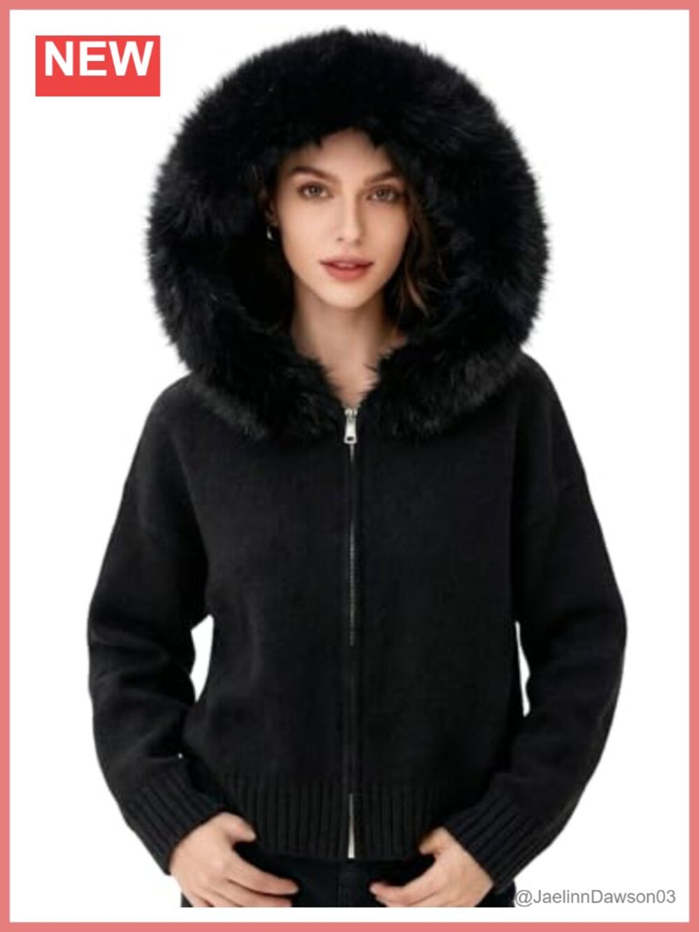 Womens Faux Fur Trim Zip Up Hooded Cardigan Sweater Long Sleeve Slim Fit